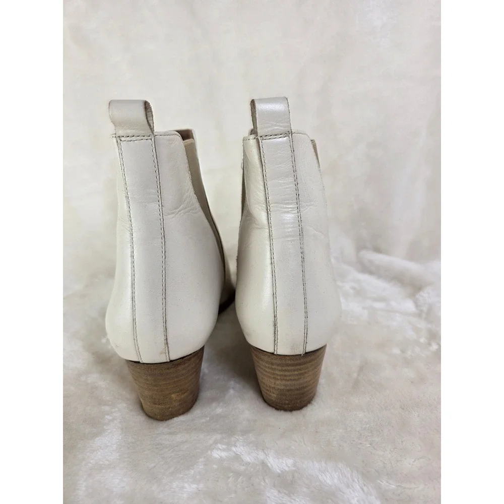 White Leather Pointed Toe Ankle Boots Western Block Heel Bootie‎ Women's Size 39